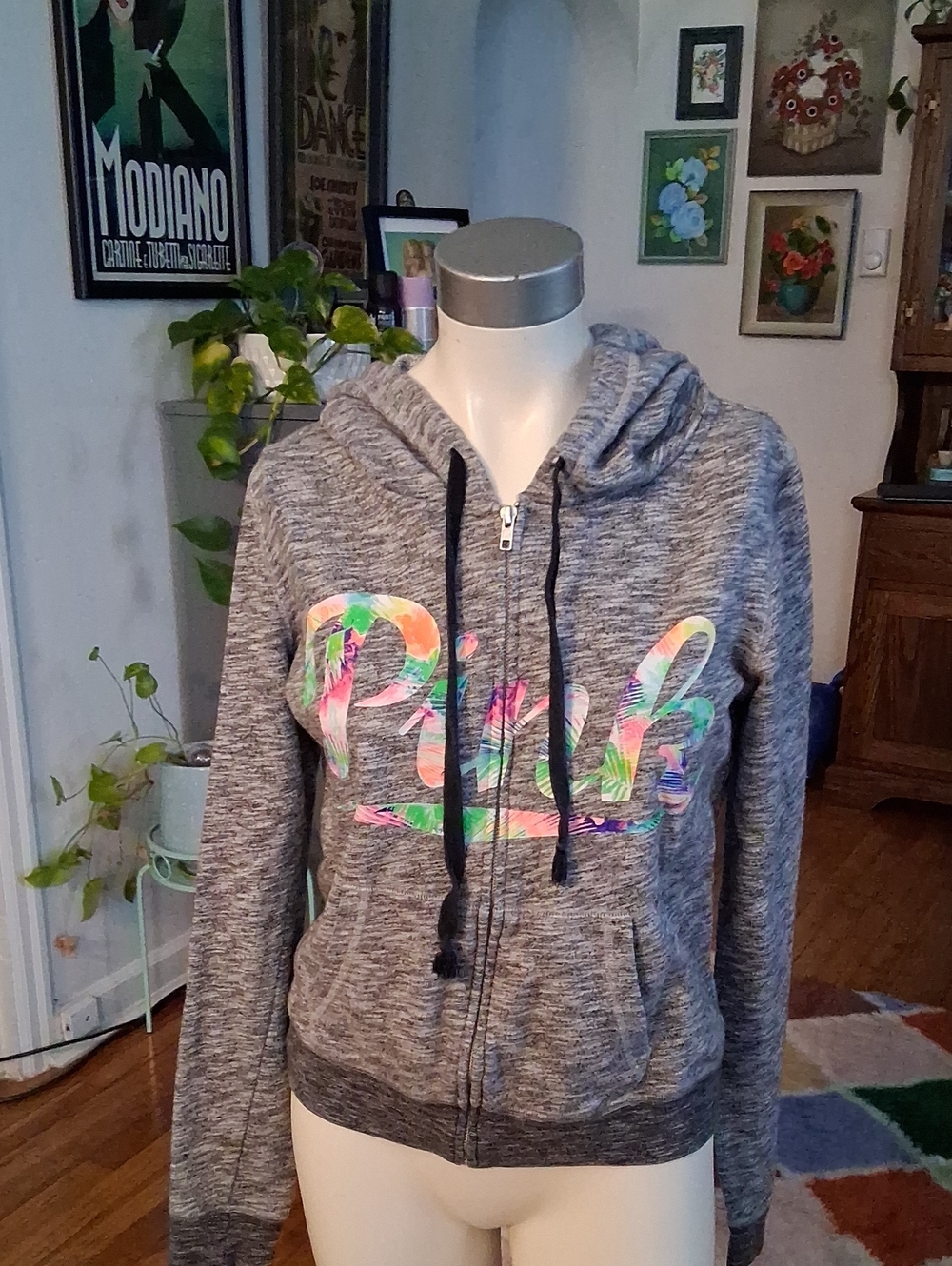 PINK Victoria's Secret Grey Zip-Up Hoodie with Multicolor Logo